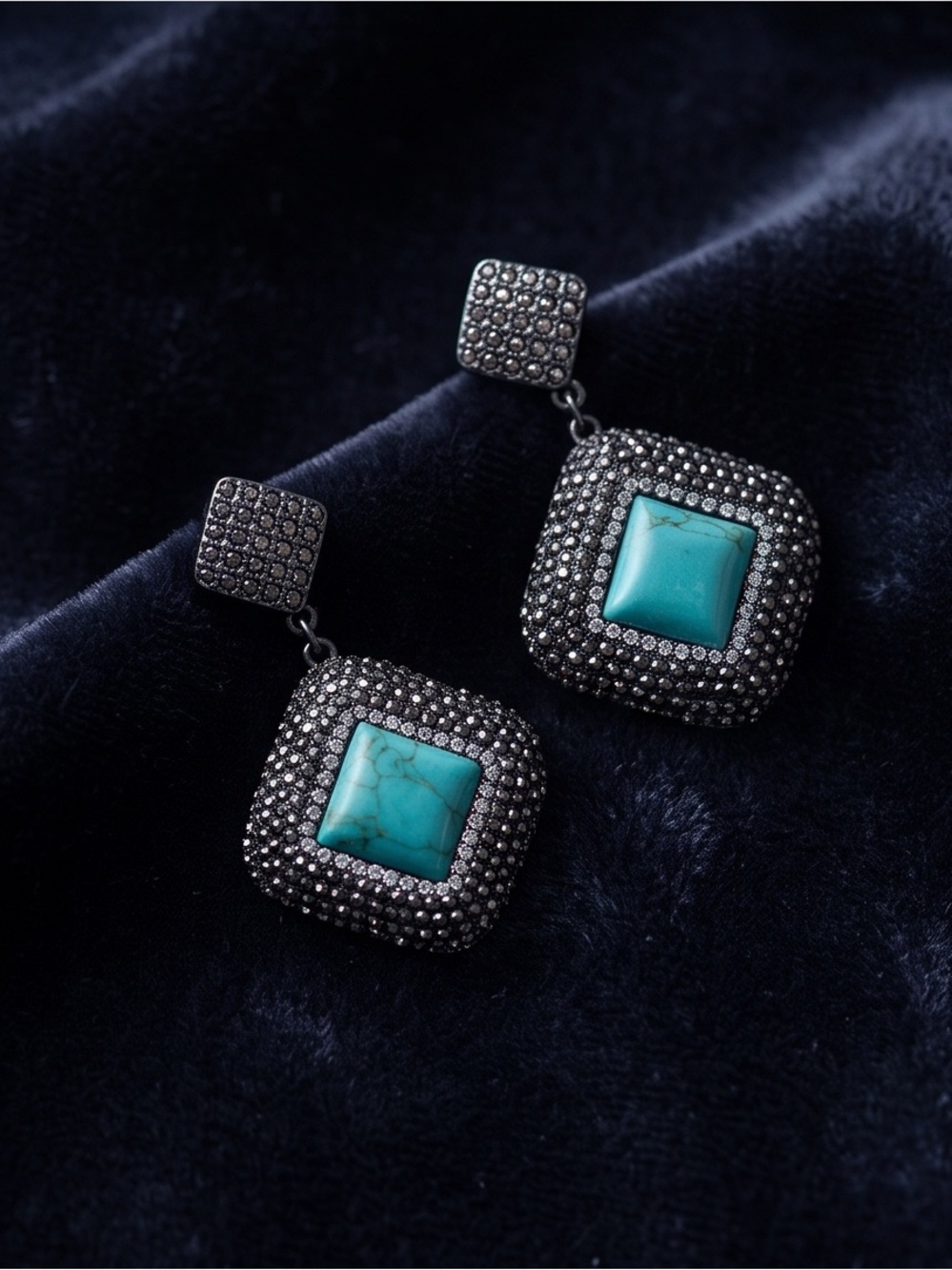 Turquoise Square Drop Earrings with Pave Crystal Frame